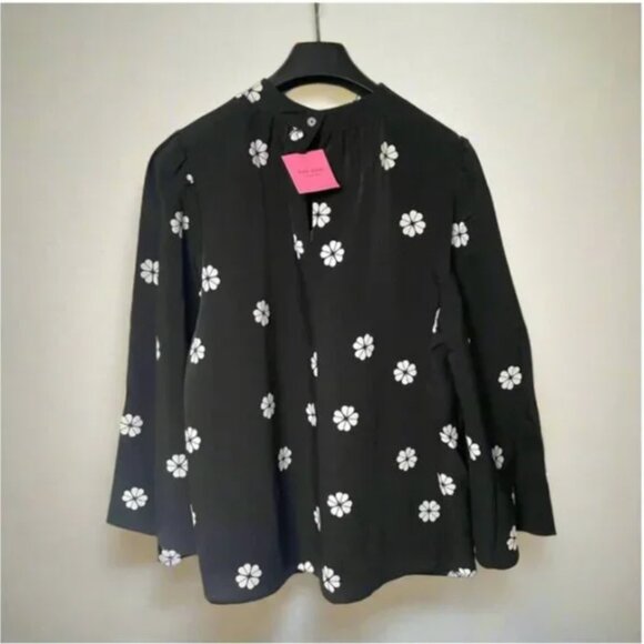 Kate Spade Black Floral Mock Neck Blouse Womens XL Puff Bell Sleeve Crepe Top - Picture 2 of 10
